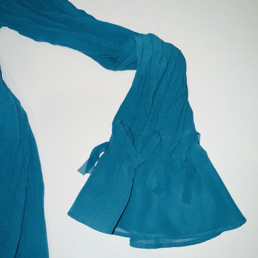 Notations Teal Ruffle Blouse M Sheer Crinkle Texture Bell Sleeve Y2K Fairycore - Picture 5 of 9